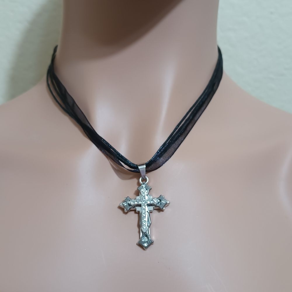 Black Ribbon Silver Rhinestone Cross Necklace - Picture 5 of 6